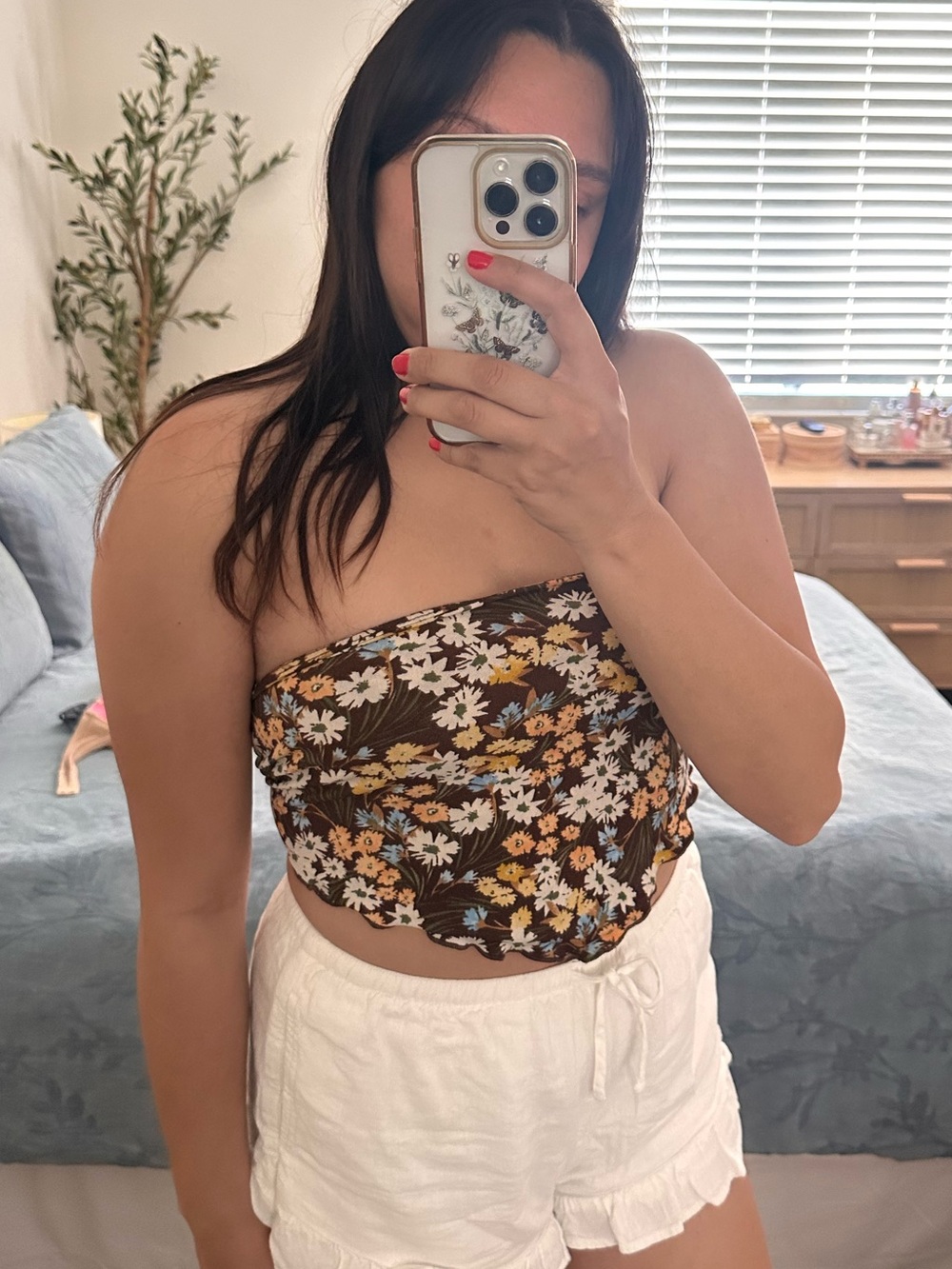 Brown Floral Strapless Crop Top with Daisy Print